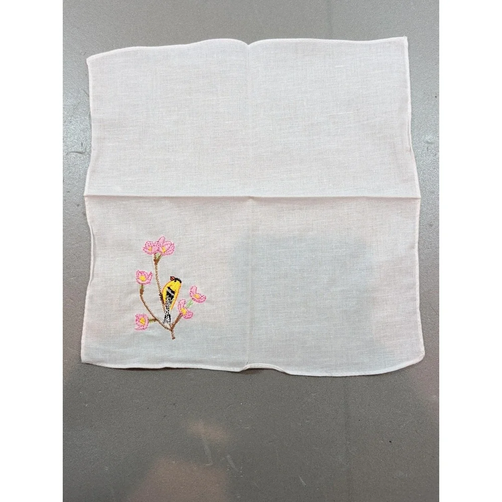 Vintage Embroidered Bird Handkerchiefs Lot of 5 Floral White Cotton Cottagecore
